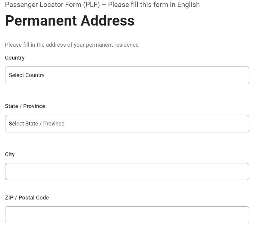 Passenger Locator Form - residential address